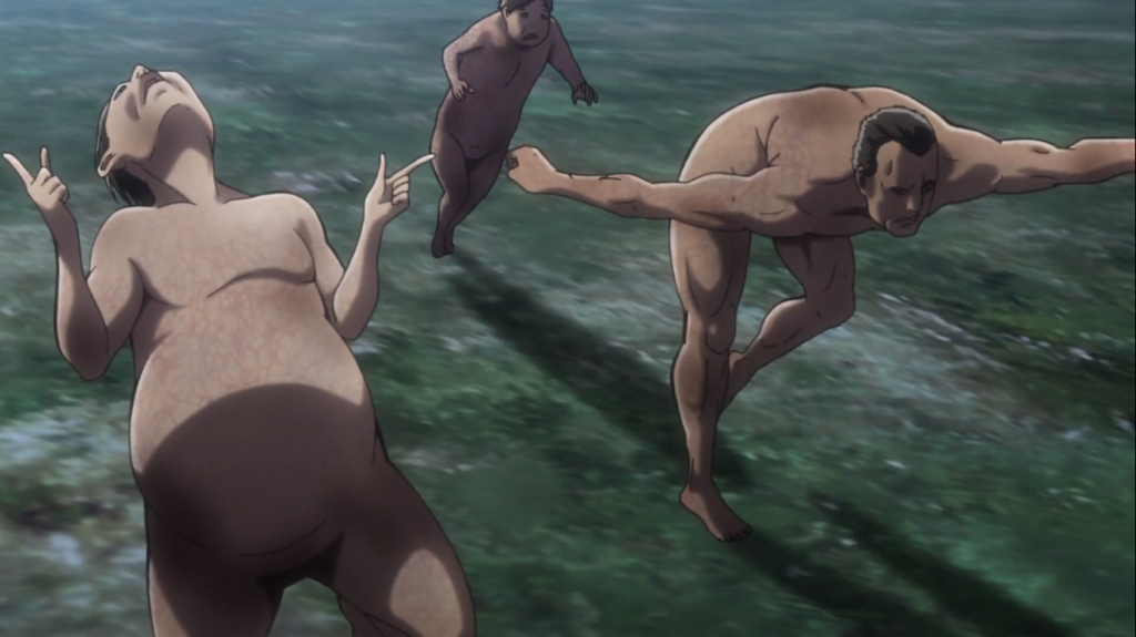 It's funny how some of the titans are drawn so goofy, while others, so menacingly. I wonder if Isayama did this on purpose? Attack on Titan Season 3, Episode 14