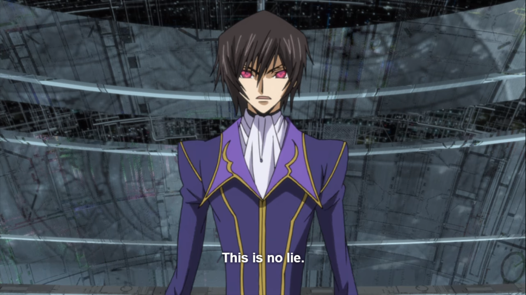 Lelouch with his fully realized geass. Code Geass: Lelouch of the Rebellion S2 Ep 21