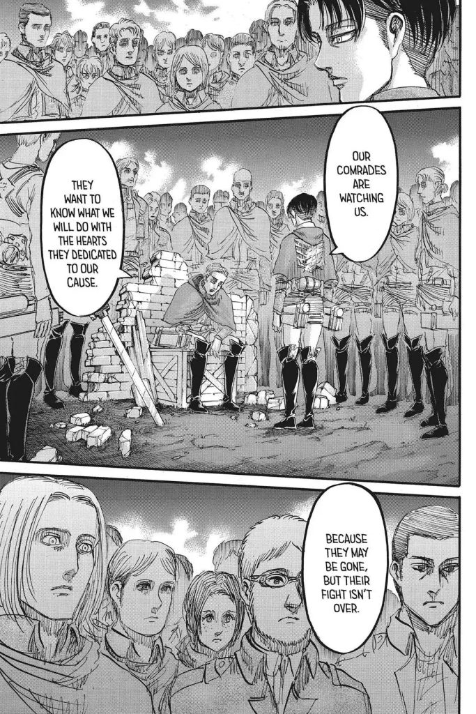 Erwin Smith asks Levi if he can see all of their fallen comrades. Shingeki no Kyojin manga Chapter 80