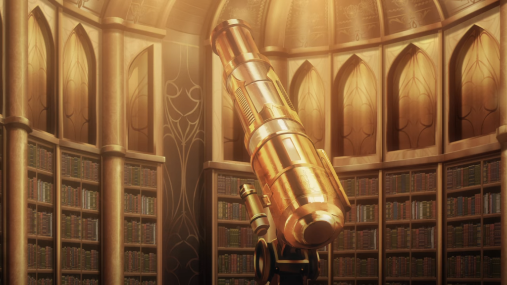 The high-tech, gold gilded telescope in Vlad Dracula Tepes III's study. From Castlevania Season one