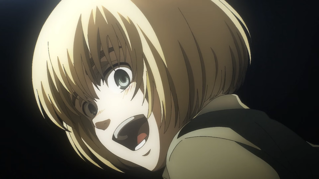 Child Armin smiling in what looks like either green or beige clothing. From Attack on Titan Season 4, Episode 19