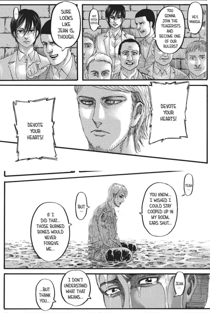 In Ch 126, did jean join the Yeagerist temporarily because it might bring him closer to his dream? Look at his eye contact with Mikasa. I know he later decides to betray Eren and the Yeagerist cause because of (seemingly) Marco but...we can't leave this speculation out.