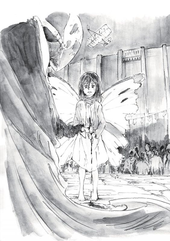 Mikasa Ackerman drawn as a butterfly while pretending to murder the mirror man in the Lost Girls OVA official art