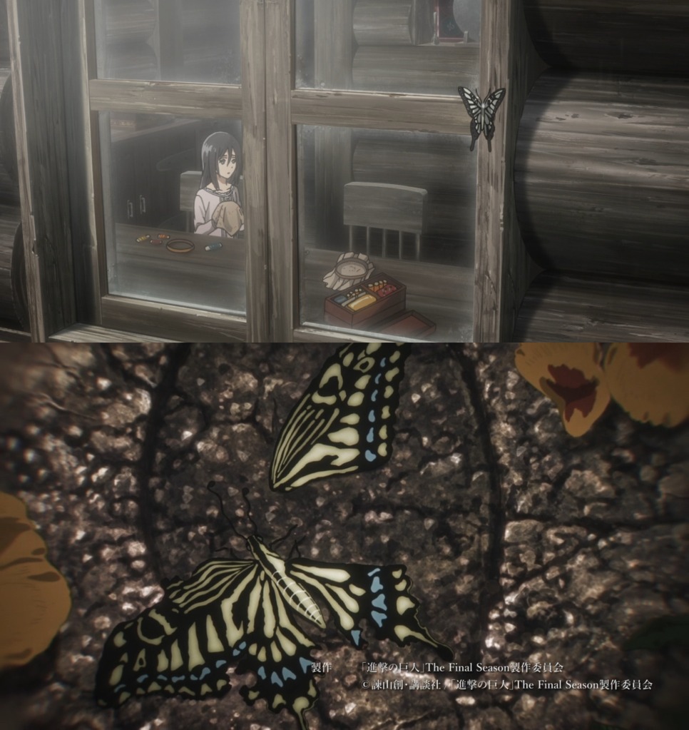 Mikasa makes a wish and the monochrome butterfly shows up in her OVA, a butterfly is crushed by a human footprint in the AoT S4 Pt 2 opening