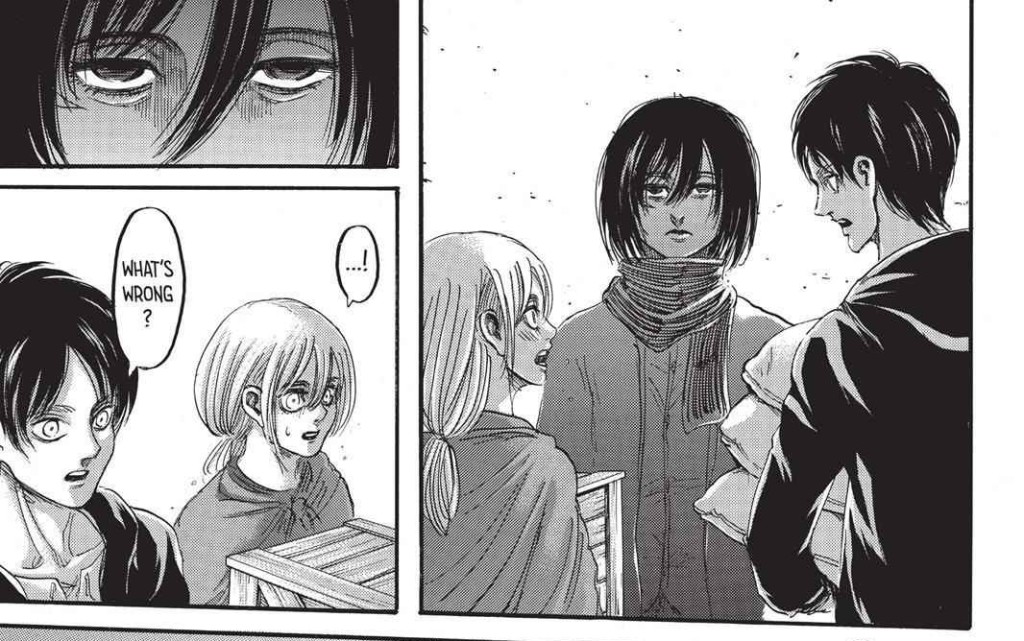 Mikasa has a dead look inside her eyes whenever Eren has fun without her. SnK Ch 70