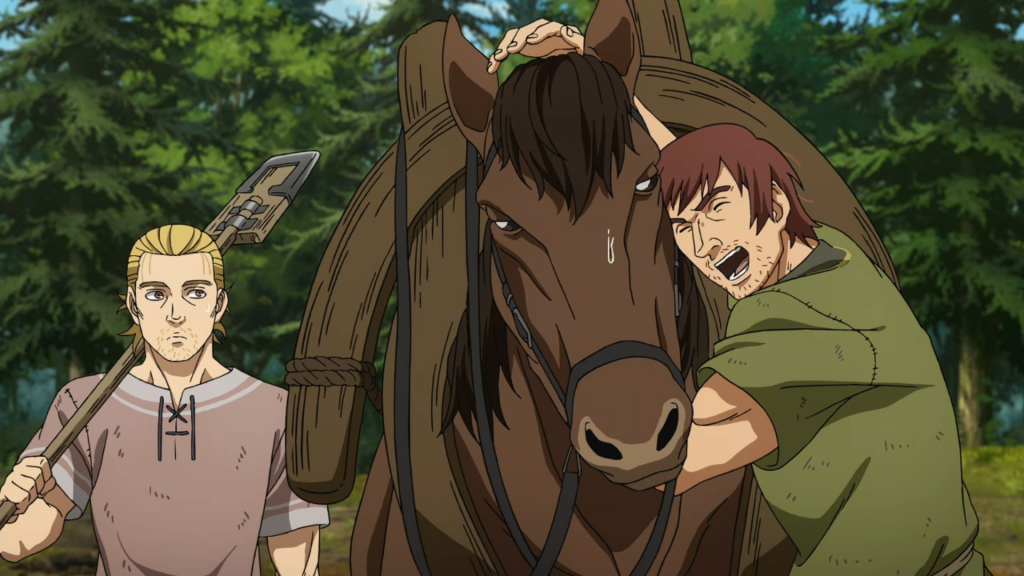 Einar being a weirdo laughing loudly and hugging a horse while Thorfinn looks on puzzled was unintentionally very funny