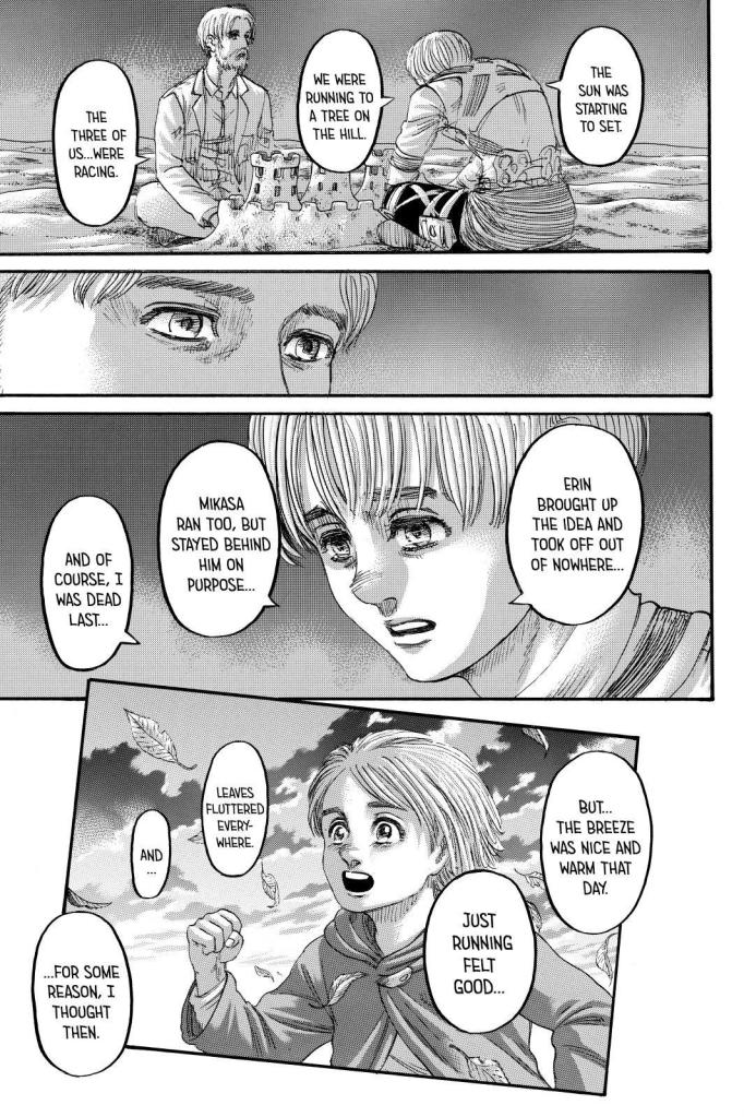 Armin tells Zeke he believes he was born just to run toward that tree on the hill with Mikasa and Eren in SnK ch 137
