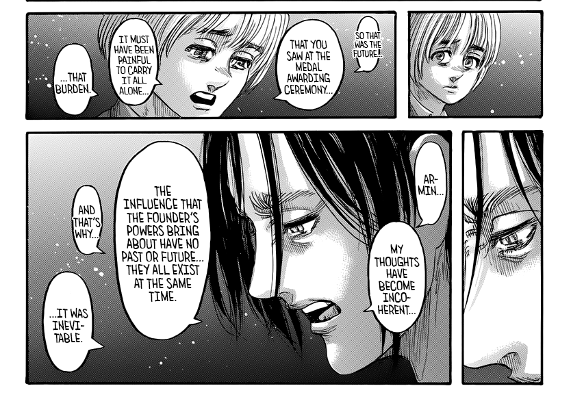 Eren explains to Armin that he experiences all memories at once due to the Founding Titan's power in SnK ch 139